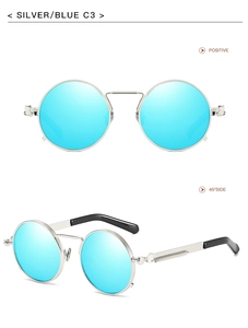 Steampunk round sunglasses with silver metal frame and blue mirrored lenses in two angles