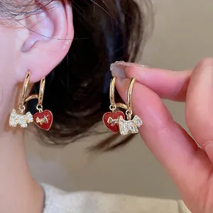 Copper Hoop Earrings Gold Plated Red Enamel Heart Zircon Dog Dangle Asymmetric Women With Silver Earring Post