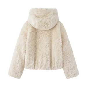 Women's cozy faux fur hooded jacket in cream white shown from a detailed back view