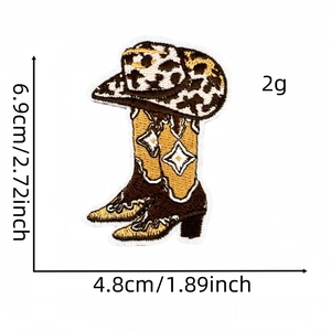 Detail of western cowboy boot and cow print hat embroidery patch with size measurements