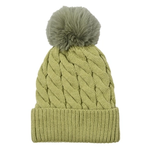 Detailed knit texture and large faux fur pompom on winter cable knit beanie hat