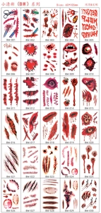 Macro detail of 30 scary Halloween tattoo stickers with realistic bloody scar designs