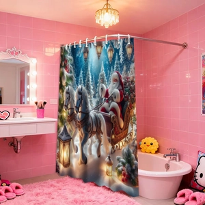 Detail of Christmas shower curtain with Santa Claus on a horse-drawn sleigh in snowy forest