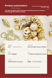 Détail du lot de 65 boules de Noël blanc et or dans une boîte en PVC transparente
