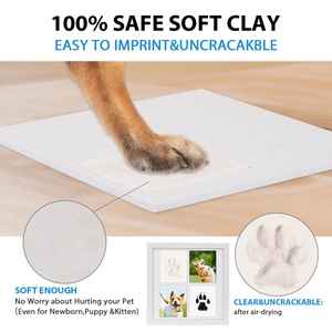 Detail showing the pet paw printing process on soft white clay for a commemorative frame