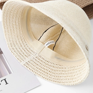 Détail d'un chapeau de soleil tressé beige avec texture tricotée et sangle réglable