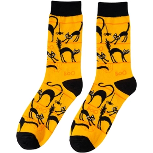 Detail view of orange Halloween crew socks featuring black cat and spider knit patterns