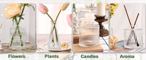 Collage of transparent glass vases used for flowers, plants, candles, and aroma diffusers