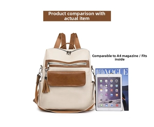Spacious PU leather backpack shown with iPad and Vogue magazine to display capacity