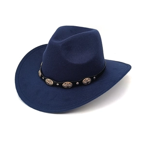 Detailed view of navy felt cowboy hat with leather band and vintage metal studs