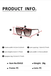 Size specifications for square frame sunglasses showing bridge and temple dimensions