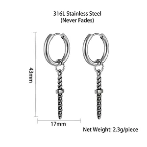 Gothic 316L stainless steel dagger hoop earrings in a vintage silver-tone punk style