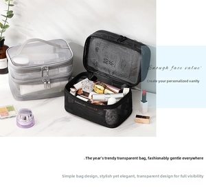 Double layer grey and black mesh toiletry bags for organizing cosmetics and skincare