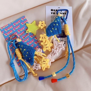 Handmade Crochet Star Keychain Bag Charm With Smiley Face Knitted Lanyard Pendant For Women Girls Cute Accessory