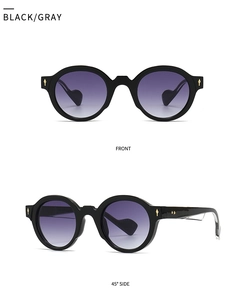 Front and side view of retro black thick frame sunglasses with golden arrow rivets