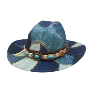 Vintage denim patchwork wide brim cowboy hat with turquoise gemstone decorative band