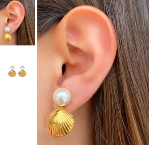 Détails de boucles d'oreilles coquillage en or 18 carats et perles d'eau douce