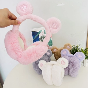 Plush winter earmuffs for kids featuring heart-embroidered bear ears in five colors