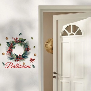 Detailansicht der Weihnachts-Wandaufkleber mit Kranz, Beeren und Bathroom-Schriftzug