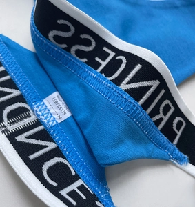 Detail of blue cotton thong featuring a black elastic waistband with white PRINCESS text