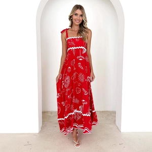 Floral red midi dress with white wavy trim and Ciao print detail on sleeveless A-line silhouette