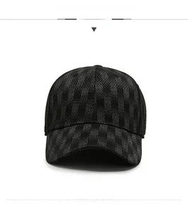 Front view of charcoal grey plaid baseball cap showing fabric texture and curved brim