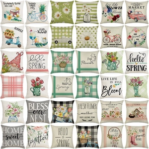 Linen Throw Pillow Cover Floral Gingham Checkered Cushion Case Square Hidden Zipper For Sofa Couch Living Room Farmhouse Decor