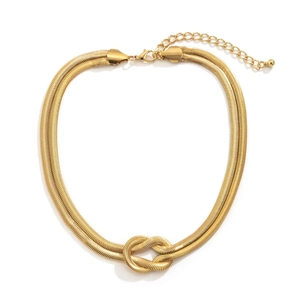 Dual-layer 18K gold-plated titanium steel snake chain necklace with central knot detail