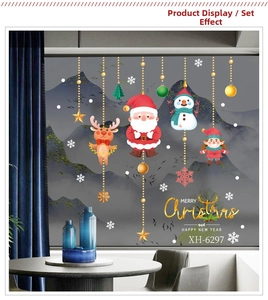 Christmas window stickers set with Santa and reindeer on a modern glass door scene