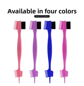 Detail of four colorful dual-sided eyebrow brushes with fine comb and nylon bristle head