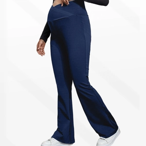 Detail of cross-over high waistband on navy blue maternity flare yoga leggings