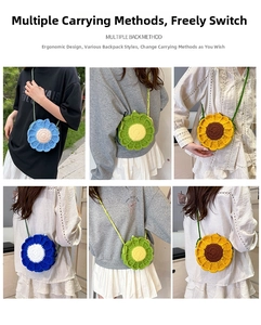 Detailed knit pattern on floral crochet bags in blue, green, and yellow with pearl accents