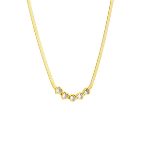 Flat gold blade chain necklace featuring five sparkling heart-shaped cubic zirconia charms