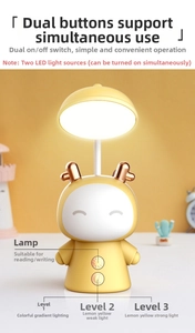 Yellow deer LED desk lamp detailing dual-light sources and 3-level dimming modes