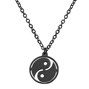 Men's black stainless steel necklace featuring a round hollow Yin Yang Tai Chi pendant