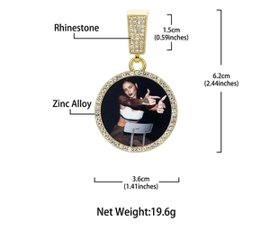 Detailed size parameters of round custom photo pendant with rhinestones and zinc alloy