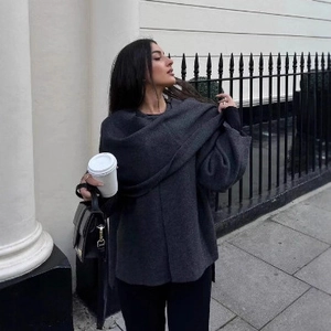 Women's dark gray asymmetric knit shawl wrap with a cozy oversized urban cape design