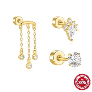 925 Sterlingsilber Vergoldet Gewinde Knorpel Ohrstecker Für Damen Unisex Zirkonia Quaste Geometrisch Ohrpiercing Schmuck