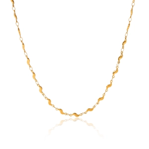 Detailed view of the wave-shaped S-link golden stainless steel chain with a polished finish