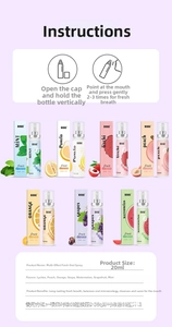 Detail view of 20ml oral spray bottles in seven fruit flavors with usage guide