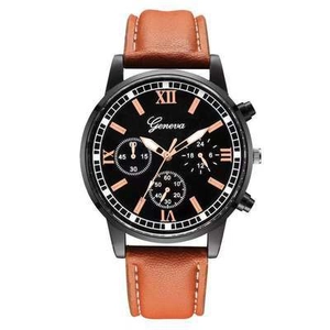 Orologio al quarzo da uomo d'affari con quadrante nero, numeri romani e cinturino in pelle marrone