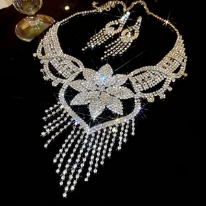 Luxury floral rhinestone tassel necklace and earrings set for formal evening wear