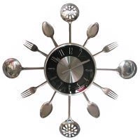 Creative kitchen wall clock featuring silver spoons and forks on a black dial design