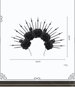 Gothic halo headband with black spikes, roses, and skulls, dimensions 28cm by 36cm