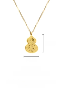 Macro detail of gold titanium gourd pendant with Fu character and size measurements