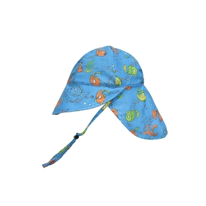 Detail of baby sun hat with ocean fish print, neck flap and adjustable chin strap