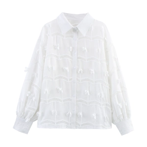 Stile Francese Donne Bianco Camicetta A Maniche Lunghe Ricamo Pizzo Cavo Fiore 3D Allentato Colletto Rovesciato Camicia Dolce