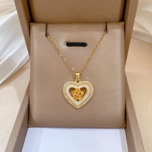 Heart Rose Pendant Necklace Stainless Steel Chain Copper Zircon White Enamel Elegant Jewelry For Women