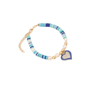 Bohemian clay bead bracelet with white pearls and a blue rhinestone heart pendant