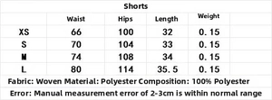 Detailed size chart for women's embroidered shorts including waist, hip, and length specs